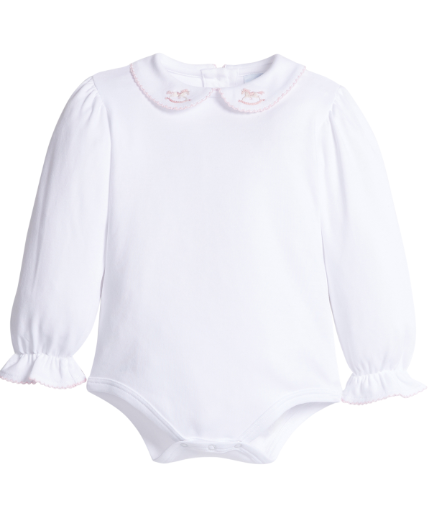 LITTLE ENGLISH LONG SLEEVE PINPOINT ONESIE PINK ROCKING HORSE