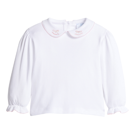 LITTLE ENGLISH LONG SLEEVE PINPOINT BLOUSE PINK ROCKING HORSE