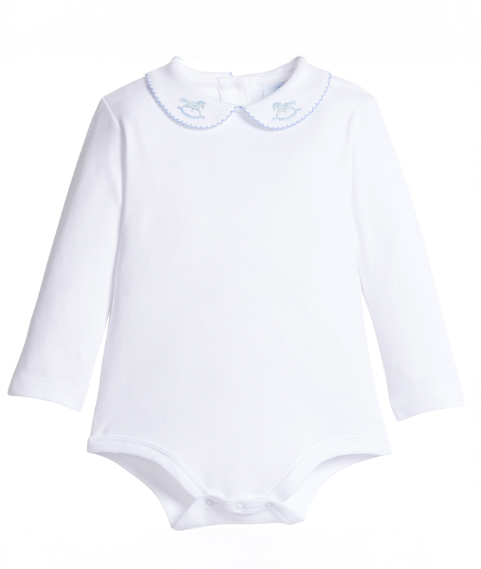 LITTLE ENGLISH LONG SLEEVE PINPOINT ONESIE BLUE ROCKING HORSE
