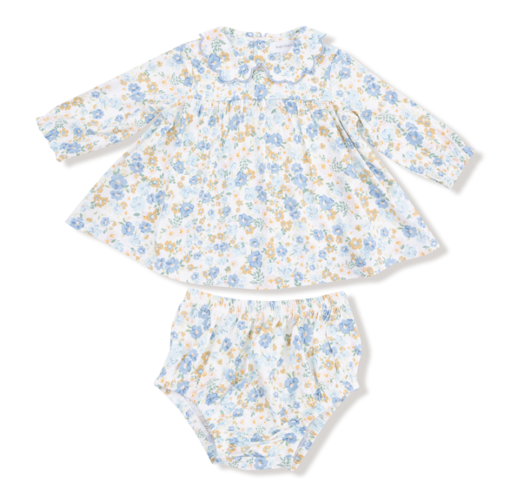 ANGEL DEAR SWEET ROSE CALICO LS PETAL COLLAR DRESS + DIAPER COVER