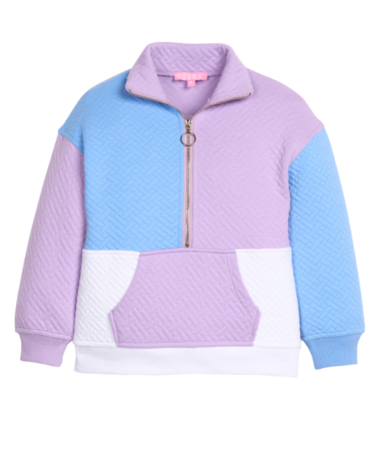 BISBY COLOR BLOCK PULLOVER LAVENDER & BLUE QUILTED TRELLIS