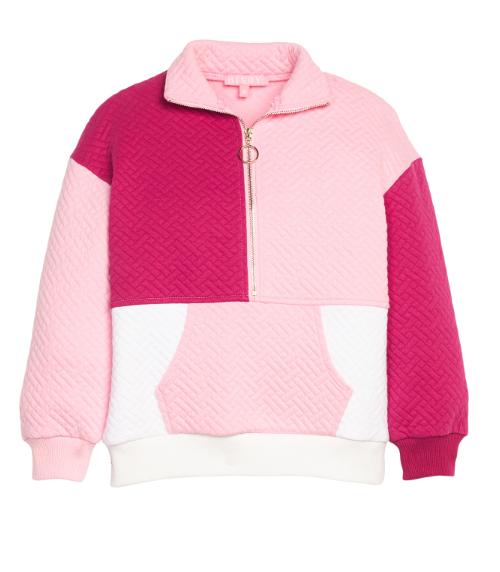 BISBY COLOR BLOCK PULLOVER PINK & CRANBERRY QUILTED TRELLIS