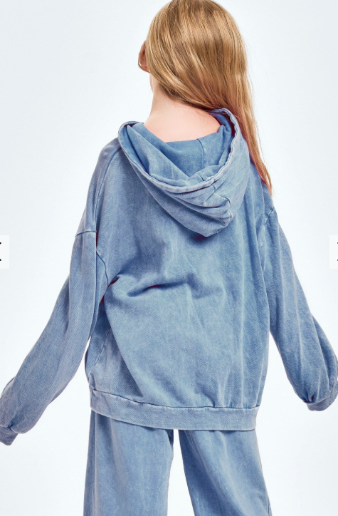GOOD GIRL DENIM BLUE COTTON MINERAL WASH FRENCH TERRY HOODIE