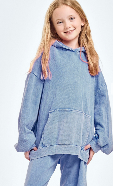 GOOD GIRL DENIM BLUE COTTON MINERAL WASH FRENCH TERRY HOODIE
