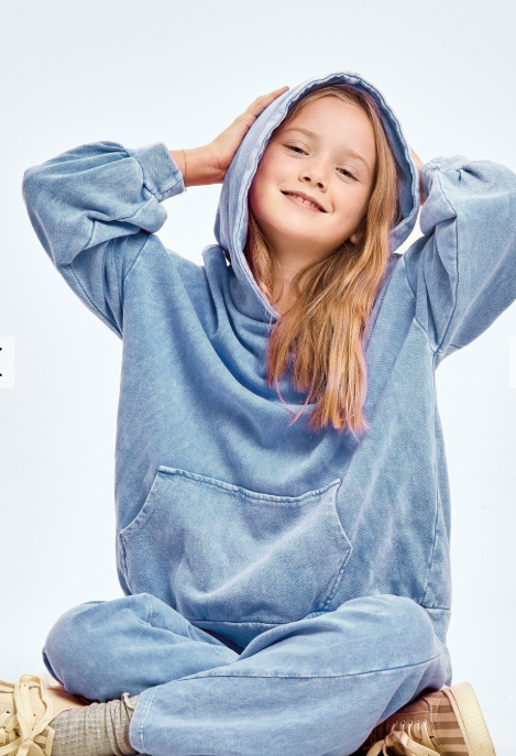 GOOD GIRL DENIM BLUE COTTON MINERAL WASH FRENCH TERRY HOODIE