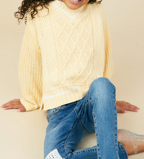 HAYDEN MIXED CABLE KNIT VARSITY YELLOW SWEATER TOP