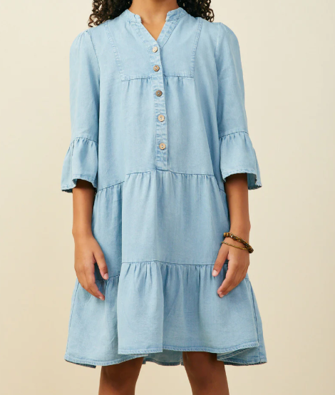 HAYDEN WASHED BUTTON DETAIL RUFFLE SLEEVE TENCEL DRESS