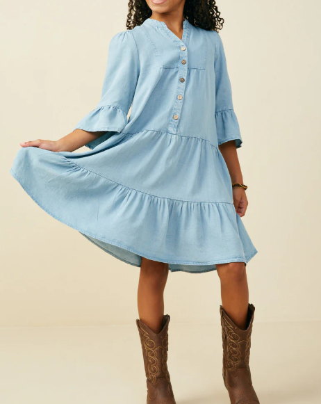 HAYDEN WASHED BUTTON DETAIL RUFFLE SLEEVE TENCEL DRESS