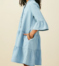 HAYDEN WASHED BUTTON DETAIL RUFFLE SLEEVE TENCEL DRESS