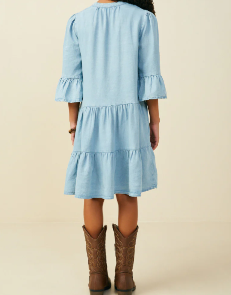 HAYDEN WASHED BUTTON DETAIL RUFFLE SLEEVE TENCEL DRESS