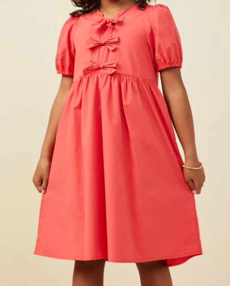 HAYDEN GIRLS RIBBON DETAILED PUFF SLEEVE DRESS RED