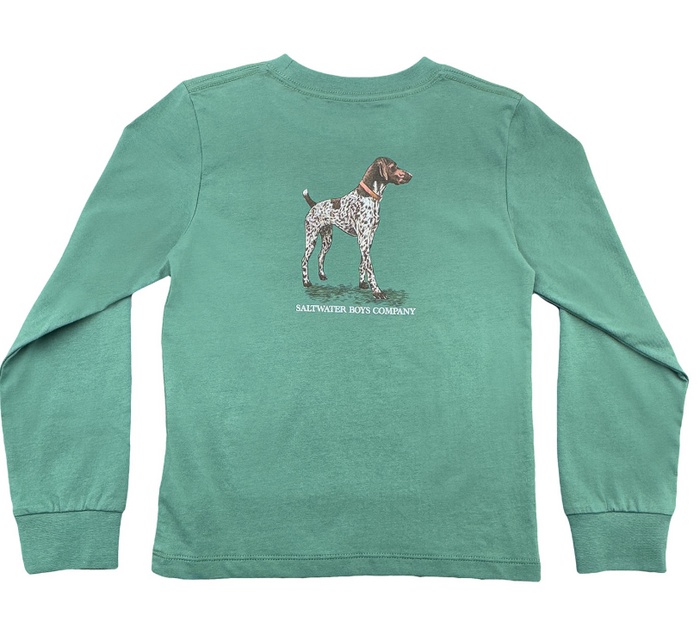 Green long-sleeve shirt with a dog graphic on the back, displayed against a white background.