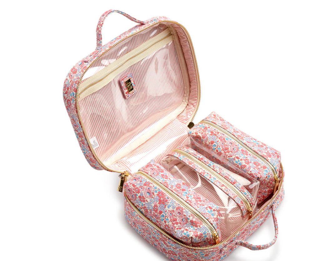 TRVL LUXE COSMETIC TOILETRY CASE MARSEILLE WITH PINK PINSTRIPE LINER