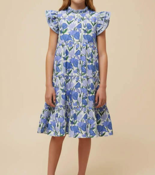 GIRLS CONTRAST PIPED RUFFLE NECK FLORAL TANK DRESS