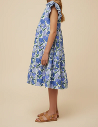 GIRLS CONTRAST PIPED RUFFLE NECK FLORAL TANK DRESS