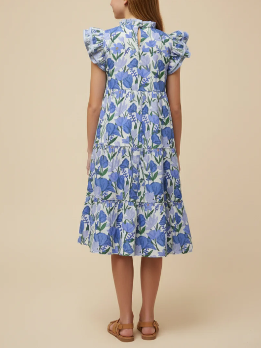 GIRLS CONTRAST PIPED RUFFLE NECK FLORAL TANK DRESS