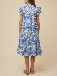 GIRLS CONTRAST PIPED RUFFLE NECK FLORAL TANK DRESS