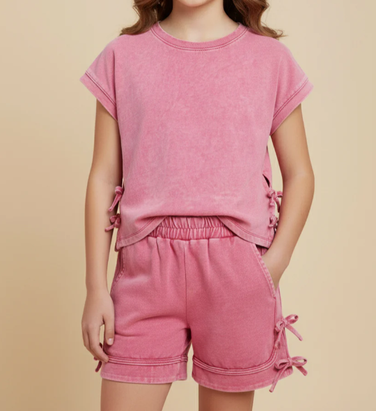 GIRLS WASHED SIDE BOW DETAIL KNIT SET