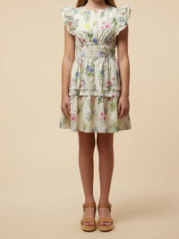 GIRLS BLOCK FLORAL SMOCKED WAIST RUFFLE TAN DRESS