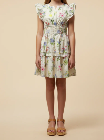 GIRLS BLOCK FLORAL SMOCKED WAIST RUFFLE TAN DRESS