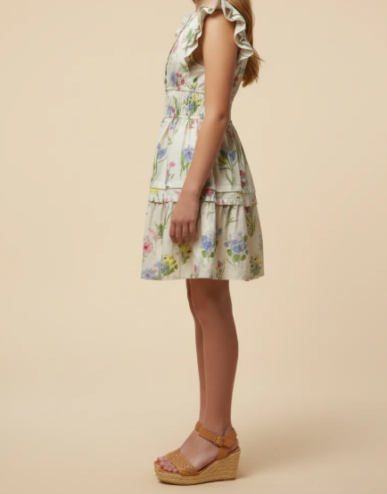 GIRLS BLOCK FLORAL SMOCKED WAIST RUFFLE TAN DRESS