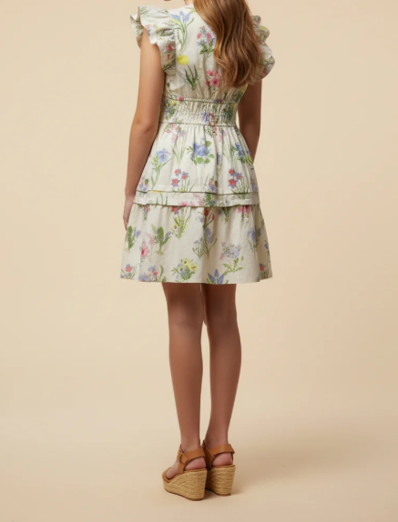 GIRLS BLOCK FLORAL SMOCKED WAIST RUFFLE TAN DRESS