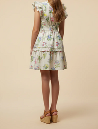 GIRLS BLOCK FLORAL SMOCKED WAIST RUFFLE TAN DRESS