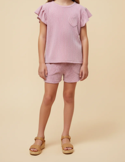 GIRLS TEXTURED STRIPE HEART POCKET RUFFLE TANK