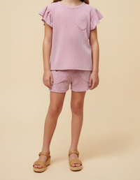 GIRLS TEXTURED STRIPE HEART POCKET RUFFLE TANK