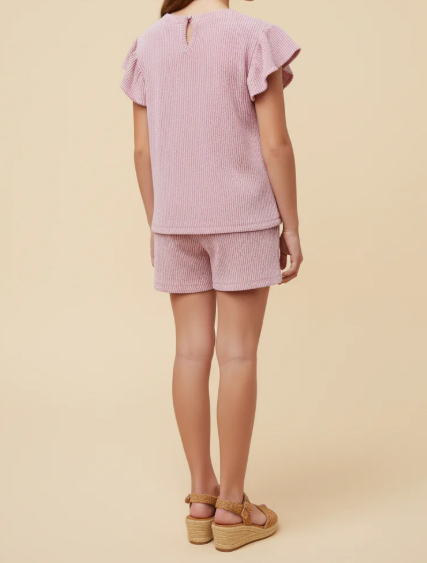 GIRLS TEXTURED STRIPE HEART POCKET RUFFLE TANK