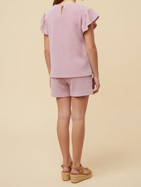 GIRLS TEXTURED STRIPE HEART POCKET RUFFLE TANK