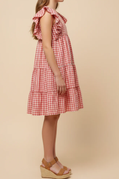 Girls Gingham Smocked Ruffled Detail Dress