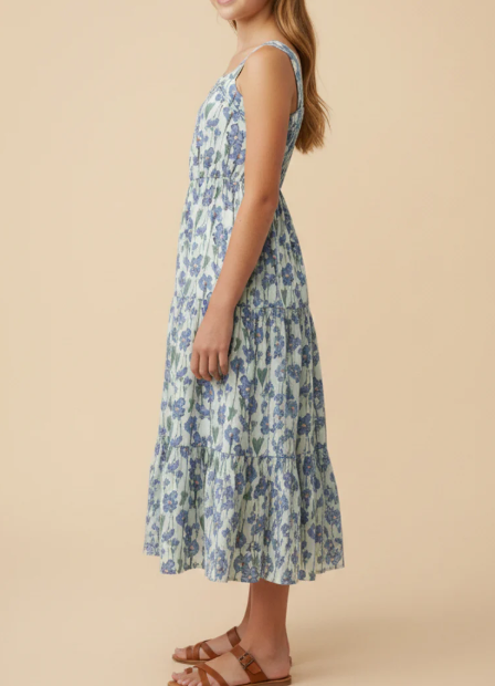 GIRLS FLORAL PRINT PLEAT DETAIL SLEEVELESS POPLIN DRESS