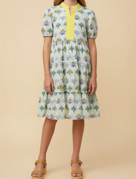 GIRLS FLORAL BLOCK PRINT CONTRAST COLLAR DRESS