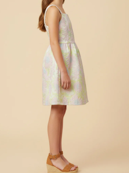 GIRLS FLORAL JACQUARD SQUARE NECK DRESS