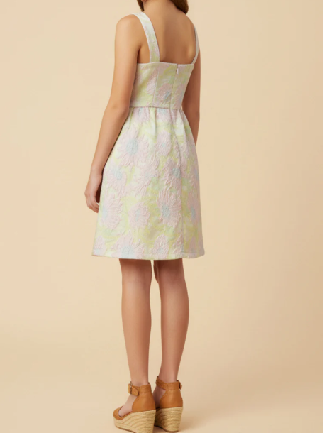 GIRLS FLORAL JACQUARD SQUARE NECK DRESS