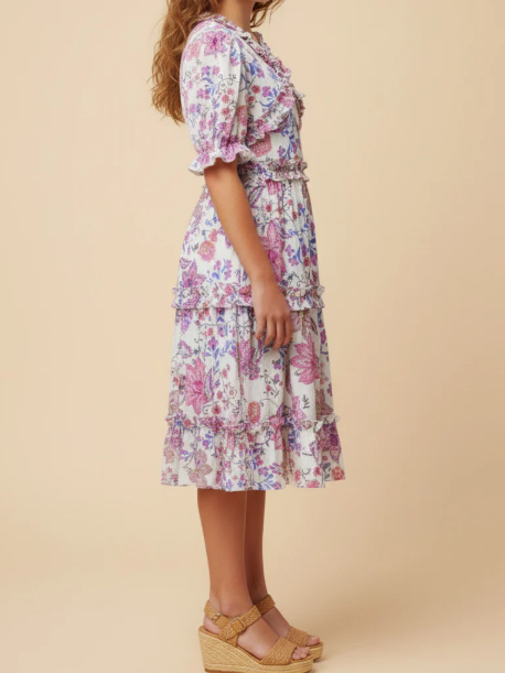 GIRLS RUFFLE DETAILED FLORAL V NECK DRESS