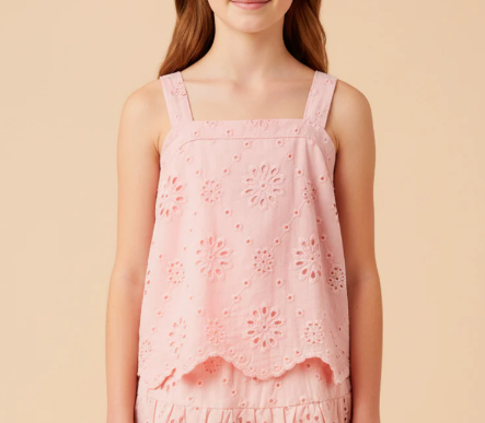 GIRLS FLORAL EYELET SCALLOPED HEM TANK