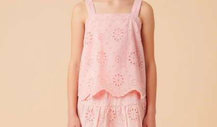 GIRLS FLORAL EYELET SCALLOPED HEM TANK