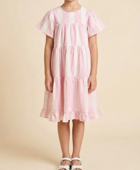 GIRLS TEXTURED MIX STRIPE TIERED DRESS PINK