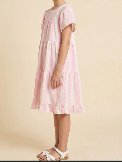 GIRLS TEXTURED MIX STRIPE TIERED DRESS PINK