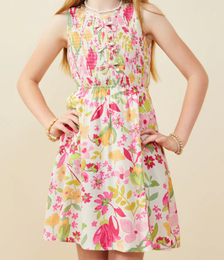 GIRLS FLORAL PRINT SMOCKED BOW DETAIL DRESS PINK