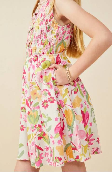 GIRLS FLORAL PRINT SMOCKED BOW DETAIL DRESS PINK