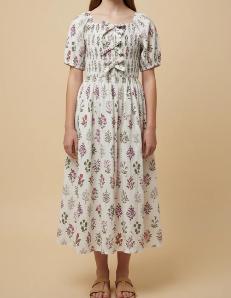 GIRLS BLOCK PRINT BOW SMOCKED DRESS CREAM