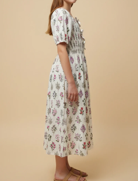 GIRLS BLOCK PRINT BOW SMOCKED DRESS CREAM