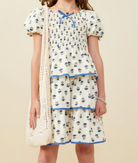 Girls Ditsy Floral Tiered Smocked Contrast Bow Dress