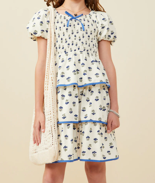 Girls Ditsy Floral Tiered Smocked Contrast Bow Dress