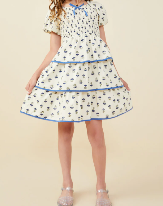 Girls Ditsy Floral Tiered Smocked Contrast Bow Dress
