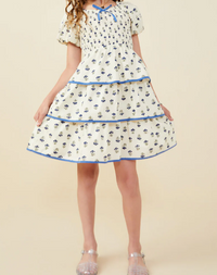 Girls Ditsy Floral Tiered Smocked Contrast Bow Dress