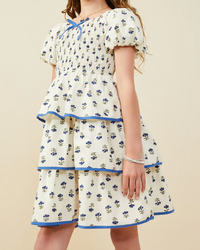 Girls Ditsy Floral Tiered Smocked Contrast Bow Dress